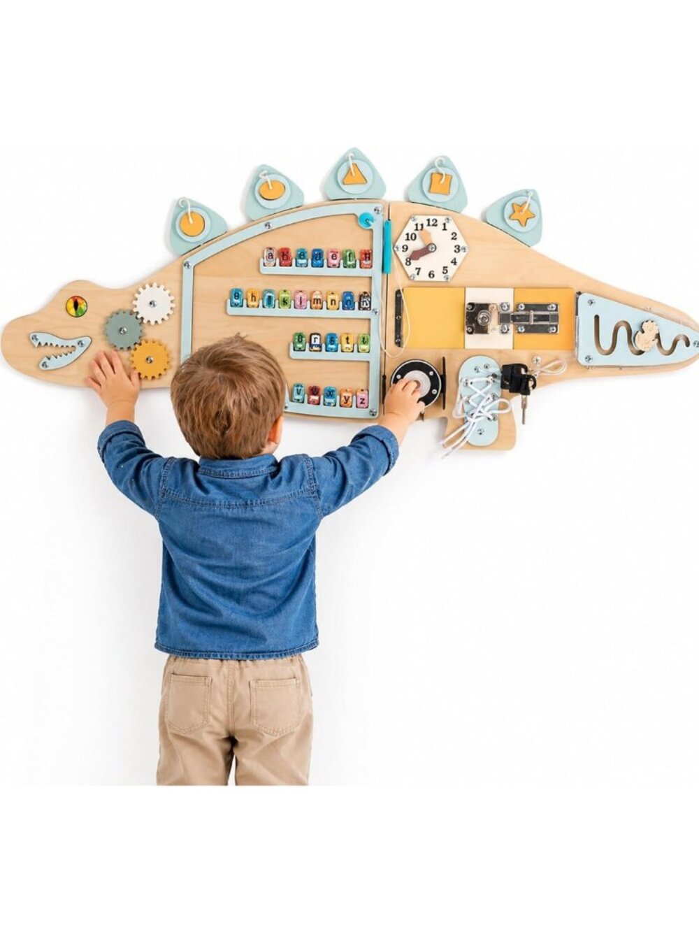 Wooden Dinosaur Busy Board - Wall Mounted Montessori Sensory Activity Panel